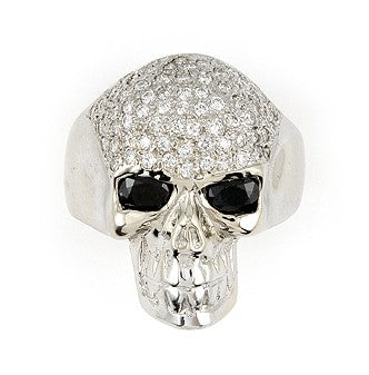 14K White Gold Skull Pave Diamond Ring