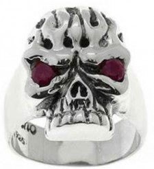 Sterling Silver Skull Flames Red Eye Ring