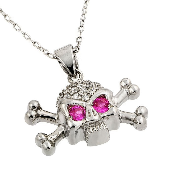 Sterling Silver Crossbone Skull Pendant Accented With Pink Eyes